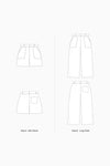 Line drawing of Bottlebrush Pants and Shorts Sewing Pattern - High-Waisted Flared Pants and Mini Shorts