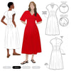 Red dress with white dress made using Bronte Woven Dress sewing pattern on a plain background, showing front, back, and side views.