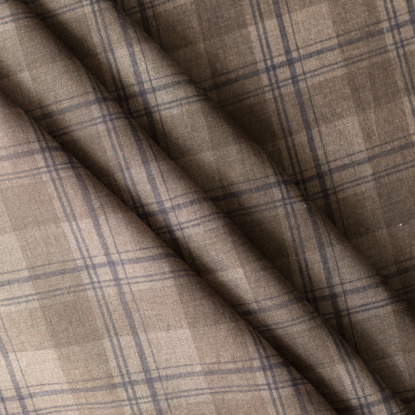 Brownstone Plaid linen–cotton blend fabric in earthy brown tones, 120 GSM, printed plaid pattern.