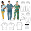 Illustrations of medical scrubs with front and back views, including shirts and pants.