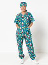 Person wearing a colorful scrub set with ice cream pattern on a white background