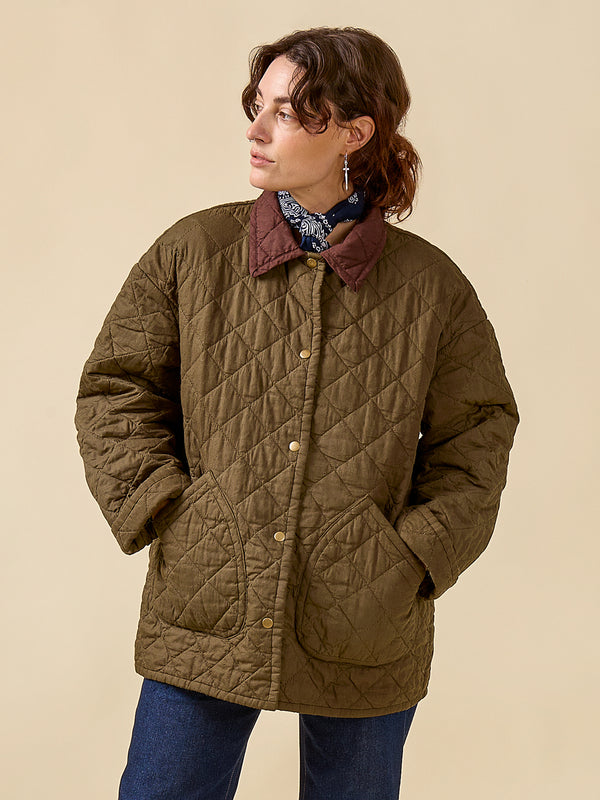 Person wearing a quilted brown jacket against a beige background
