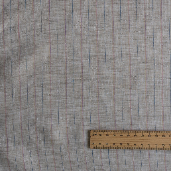 Greige Meadow Stripe linen fabric – lightweight 115 GSM yarn-dyed linen with fine pastel stripes, soft greige base for shirts and dresses