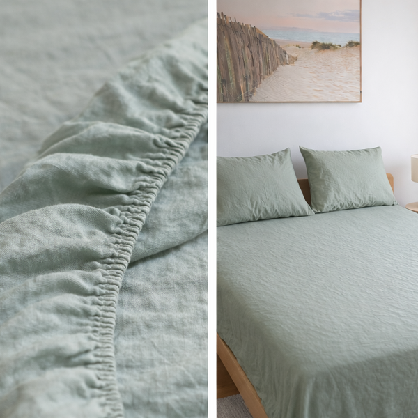 Harbour Sage linen fitted sheet soft green breathable bedding