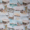 Highland Breeze Linen fabric with faded block prints of coastal cliffs, rocky hills, serene lakes, and misty peaks