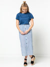 Indigo Maxi Skirt sewing pattern, featuring an elastic waist, faux button opening, patch pockets, and side splits, ideal for cotton, linen, crepe, or rayon fabrics.