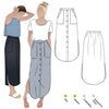 Indigo Maxi Skirt sewing pattern, featuring an elastic waist, faux button opening, patch pockets, and side splits, ideal for cotton, linen, crepe, or rayon fabrics.