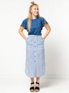 Indigo Maxi Skirt sewing pattern, featuring an elastic waist, faux button opening, patch pockets, and side splits, ideal for cotton, linen, crepe, or rayon fabrics.