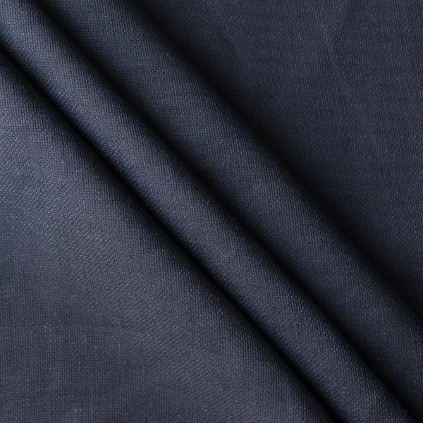 Ink navy linen fabric with visible yarn texture, slightly loose weave, suiting weight