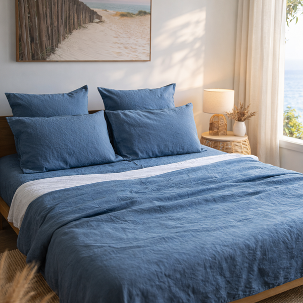 Lake Blue flat sheet 100% linen on a bed in a bedroom with a beach painting on the wall.