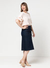 Lennox Woven Skirt made using the sewing pattern, "A" line panelled design, button-through front, patch pockets with flaps, shown in linen fabric.