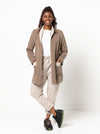 Loren Jacket sewing pattern, featuring an essential three-quarter length design with a slim shawl collar and optional pockets, suitable for wool, linen, ponte, crepe, faux fur, sweater knit, or lurex fabrics.