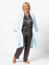 Loungewear Kimono/Robe sewing pattern, featuring a traditional robe with patch pockets and tie belt, ideal for silk, lawn, flannelette, cotton, rayon, or linen fabrics.