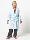 Loungewear Kimono/Robe sewing pattern, featuring a traditional robe with patch pockets and tie belt, ideal for silk, lawn, flannelette, cotton, rayon, or linen fabrics.