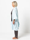 Loungewear Kimono/Robe sewing pattern, featuring a traditional robe with patch pockets and tie belt, ideal for silk, lawn, flannelette, cotton, rayon, or linen fabrics.