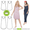 Loungewear sewing pattern featuring a V-neck camisole and nightie with a slight swing and shaped hemlines, suitable for linen, silk, rayon, or cotton fabrics.