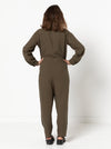 A trendy Melrose boiler suit sewing pattern with a button fly front, long sleeves, and practical pockets, suitable for durable fabrics like denim and linen.