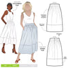 A chic Memphis gathered skirt sewing pattern with a fitted waistband and panelled hem seam, designed for medium weight woven fabrics.