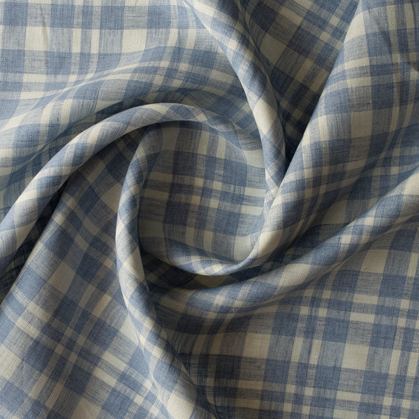 Moss Glen Plaid linen fabric in soft moss green and rustic blue, yarn-dyed plaid, 100% linen, 130 GSM, 60 LEA.