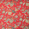 Oriental Flower Linen Print on 100% linen fabric, featuring a red background with a multicolored floral pattern