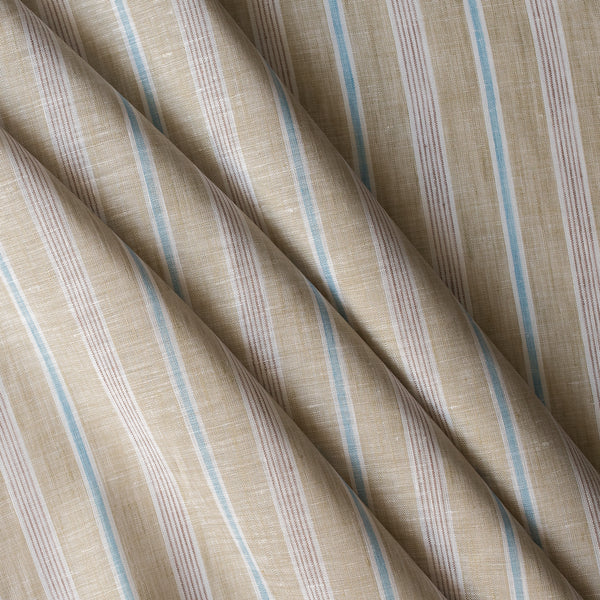 Close-up of striped Seagrass Pinstripe linen fabric with pale sage-beige base, light-brown pinstripes, white and blue accents, 100% linen, 130 GSM, 60 LEA