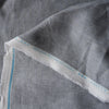 Seamist 100% Linen Fabric with a unique denim-like twill weave in greenish-grey. Features purplish grey and green warp fibers with white weft fibers, perfect for sturdy garments like jackets, pants, structured dresses, and skirts. Soft, smooth hand, tight weave, and heavy drape.