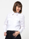 lady wearing white jacket made using Smith Woven Jacket with buttoned fly front, square shape, full-length sleeves with tabs, front pockets, and back pleat, made from linen fabric.