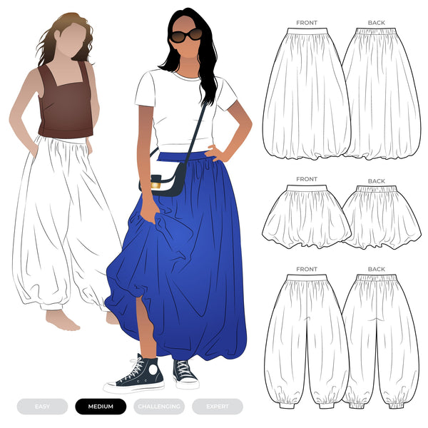 Fashion illustration of a woman wearing a blue Sophia Woven Bubble Skirt and Pant with patterned pants, showing front and back views.