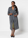 Stella Woven Coat Sewing Pattern - mid-length wrap coat with long sleeves, tie belt, revere and stand collar, fully lined, panelled back with yoke, in-seam pockets, and back vent