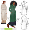 Stella Woven Coat Sewing Pattern - mid-length wrap coat with long sleeves, tie belt, revere and stand collar, fully lined, panelled back with yoke, in-seam pockets, and back vent