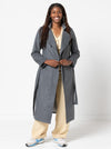 Stella Woven Coat Sewing Pattern - mid-length wrap coat with long sleeves, tie belt, revere and stand collar, fully lined, panelled back with yoke, in-seam pockets, and back vent