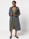 Stella Woven Coat Sewing Pattern - mid-length wrap coat with long sleeves, tie belt, revere and stand collar, fully lined, panelled back with yoke, in-seam pockets, and back vent