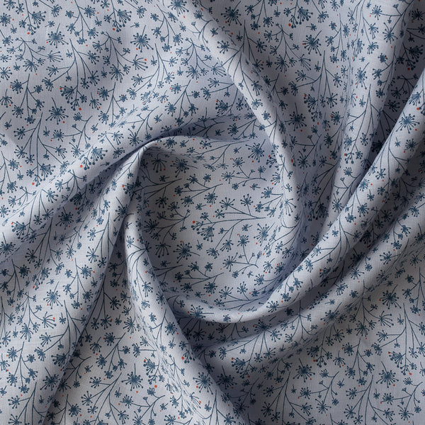 Teal Petal Dance linen fabric with teal floral print, dark orange dots, and grey background