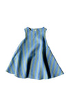 Blue and green striped dress made using trapezette girls dress sewing pattern on a white background
