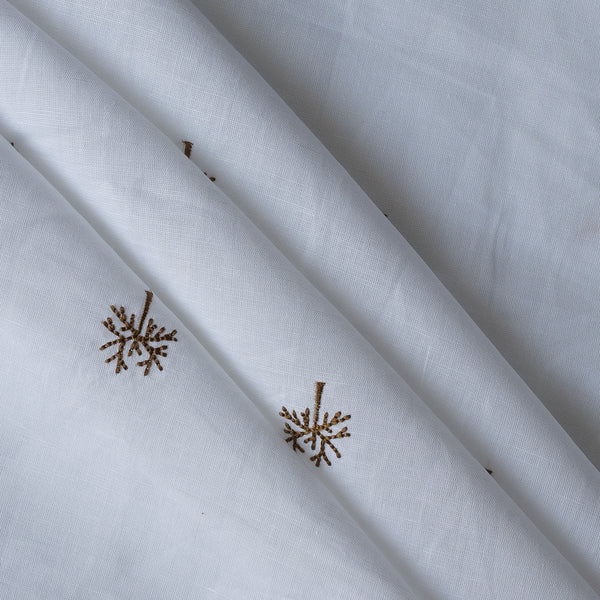 Wintertree Embroidery — pure white linen–cotton fabric with dark golden embroidered tree motif, 44 LEA