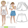 Illustration of Alice Kids Short sewing pattern with options for a front overlay and frill, showcasing the design’s versatility and charm for children’s clothing.