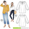  Illustration of the Anita Peasant Blouse sewing pattern, featuring peasant styling, an adjustable drawstring neck, and 7/8th length raglan sleeves for a traditional yet fashionable garment.