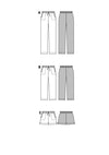 Image of Burda Style Sewing Pattern for pants, showcasing three different lengths with elastic waistbands and seam pockets, suitable for various fabrics.