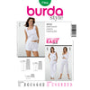 Image of Burda Style Sewing Pattern for pants, showcasing three different lengths with elastic waistbands and seam pockets, suitable for various fabrics.