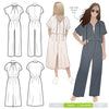 Stylish Eadie Woven Jumpsuit/Dress and Norman Jumpsuit pattern with extended shoulder line, wide legs, and front split skirt, offering a contemporary look.