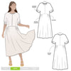 Elegant Eileen Dress pattern with shirred sleeve detail, gathered side waist, and round neckline, offering a blend of classic and modern style.