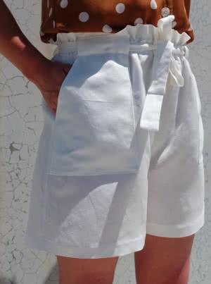Casual Ellen Woven Shorts pattern with an elastic paper bag waist and front patch pockets, perfect for summer BBQs and weekend outings