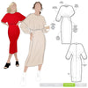 Elsbeth Woven Dress sewing pattern featuring gathered front bodice, optional sleeves, and a fitted panelled skirt, suitable for cotton, linen, viscose, and silk fabrics