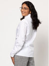 Style Arc’s Francesca Shirt sewing pattern, showcasing a button-front blouse with ruffle neck, two-piece collar, and cuffed long sleeves, ideal for cotton, rayon, silk, or linen fabrics.