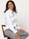 Style Arc’s Francesca Shirt sewing pattern, showcasing a button-front blouse with ruffle neck, two-piece collar, and cuffed long sleeves, ideal for cotton, rayon, silk, or linen fabrics.