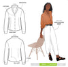 Style Arc’s Francesca Shirt sewing pattern, showcasing a button-front blouse with ruffle neck, two-piece collar, and cuffed long sleeves, ideal for cotton, rayon, silk, or linen fabrics.