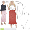 Genoa Bias Cut Skirt sewing pattern, featuring an elastic waist, pull-on style, and ankle-length cut, suitable for linen, cotton, and silk fabrics.