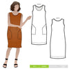 Iris Woven Dress sewing pattern, showcasing a stylish shift dress with a slight cocoon shape, large pockets, and customizable bias band finishes, suitable for linen, crepe, rayon, and cotton fabrics.