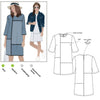 Jema Panel Dress sewing pattern, highlighting a shift dress with round neck, bell sleeves, and panelled design, suitable for linen, pique, cotton, crepe, or any woven fabric.