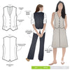 Joy Woven Vest sewing pattern featuring faux welt pockets, princess line, button opening with four buttons, cutaway at center back, easy fit, and fully lined, suitable for linen and cotton fabrics.